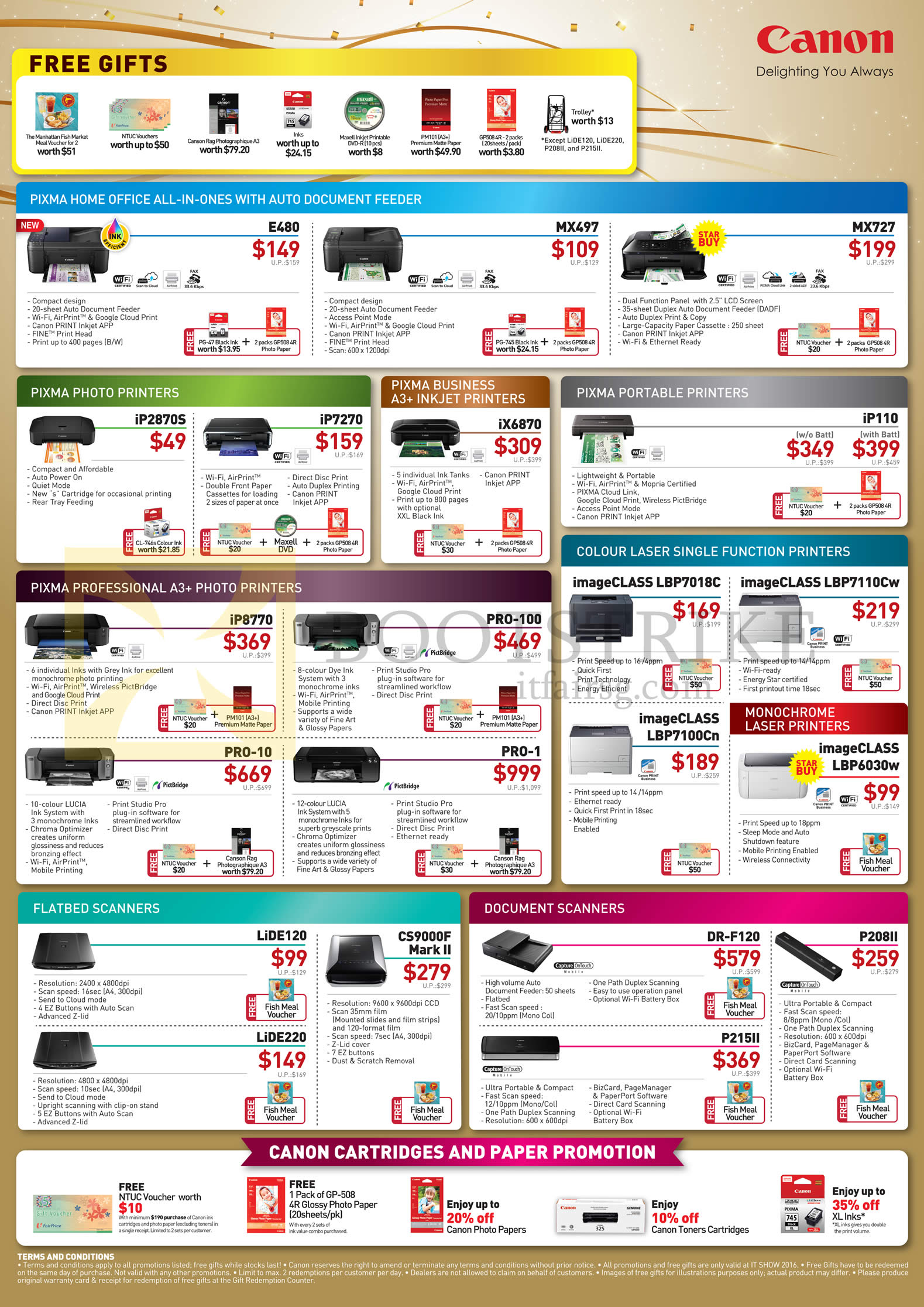 IT SHOW 2016 price list image brochure of Canon Printers, Scanners, E480, MX497, 727, IP2870S,7270, IX6870, 110, 8770, PRO-100, 10, 1, LiDE120, 220, CS9000F Mark II, ImageCLASS LBP7018C, 7110Cw, 7100Cn