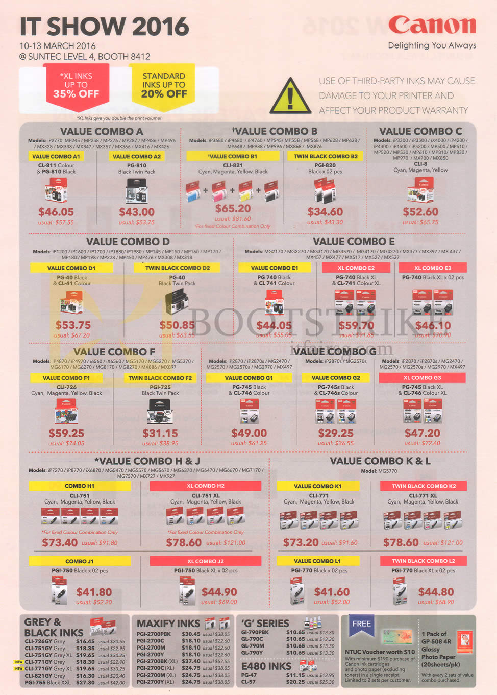 IT SHOW 2016 price list image brochure of Canon Toners Ink Cartridges Value Combos, Inks