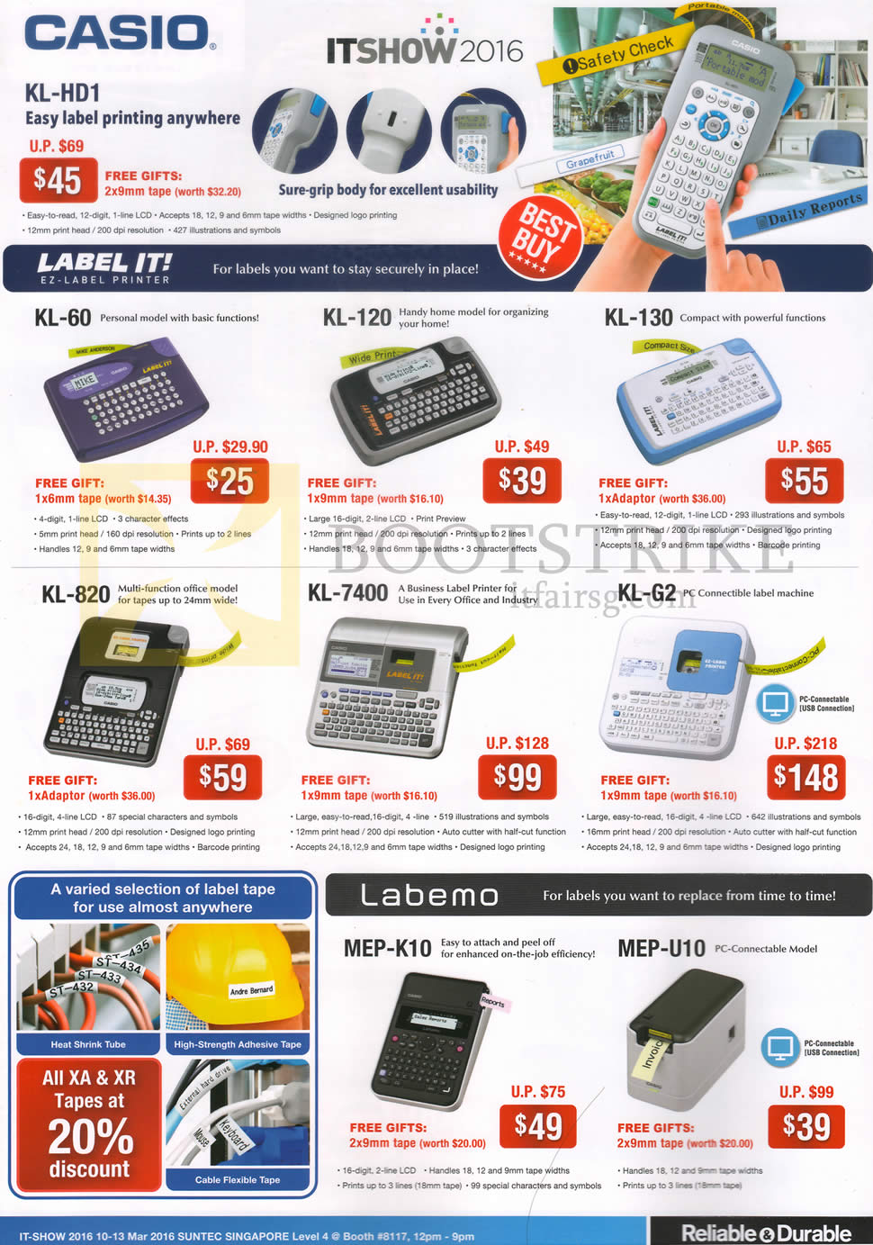 IT SHOW 2016 price list image brochure of Casio Labellers KL-60, 120, 130, 820, 7400, G2, Labemo MEP-K10, U10