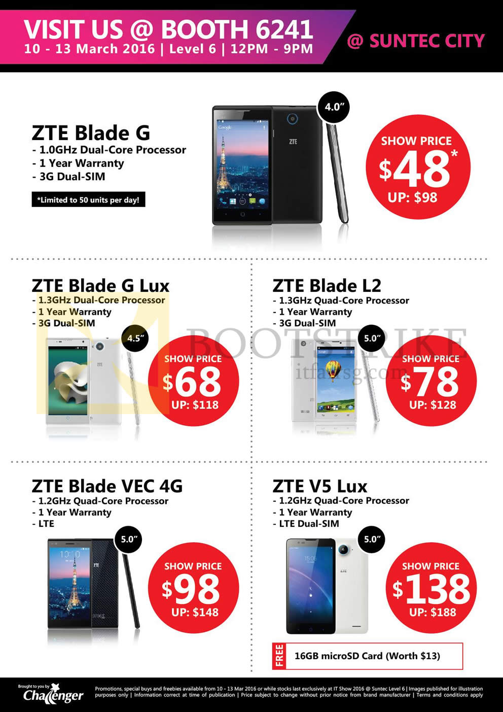 IT SHOW 2016 price list image brochure of Challenger ZTE Smartphones Blade G, Lux, L2, VEC 4G, V5 Lux