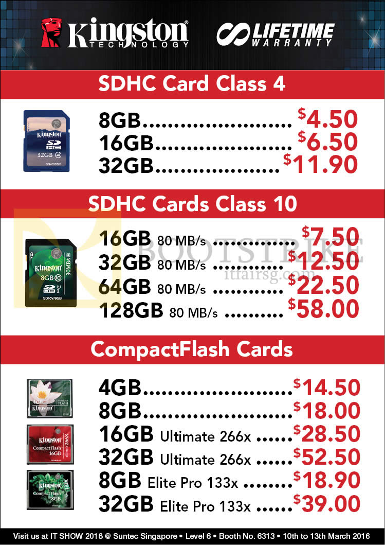 IT SHOW 2016 price list image brochure of Convergent Kingston SDHC, CompactFlash Cards Class 4, 10, 4GB, 8GB, 16GB, 32GB, 64GB, 128GB