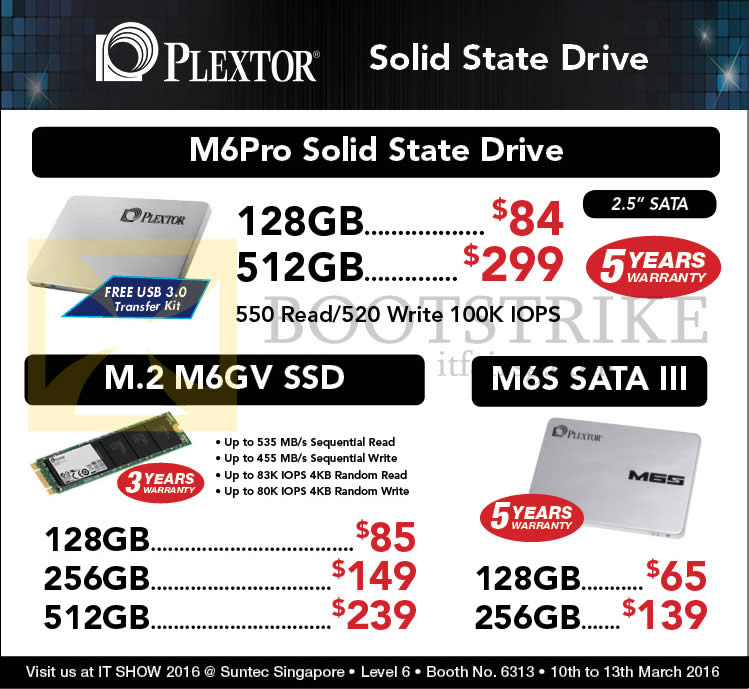 IT SHOW 2016 price list image brochure of Convergent Plextor SSD M6Pro, M.2 M6GV SSD, M6S Sata III, 128GB, 256GB, 512GB