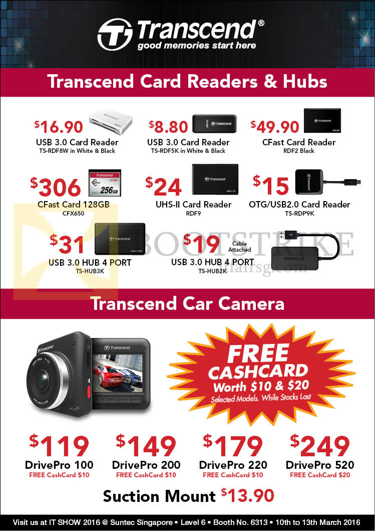 IT SHOW 2016 price list image brochure of Convergent Transcend Card Readers, Hubs, Car Cameras USB3.0, CFast, UHS-II, OTG, USB2.0, DrivePro 100, 200, 220, 520