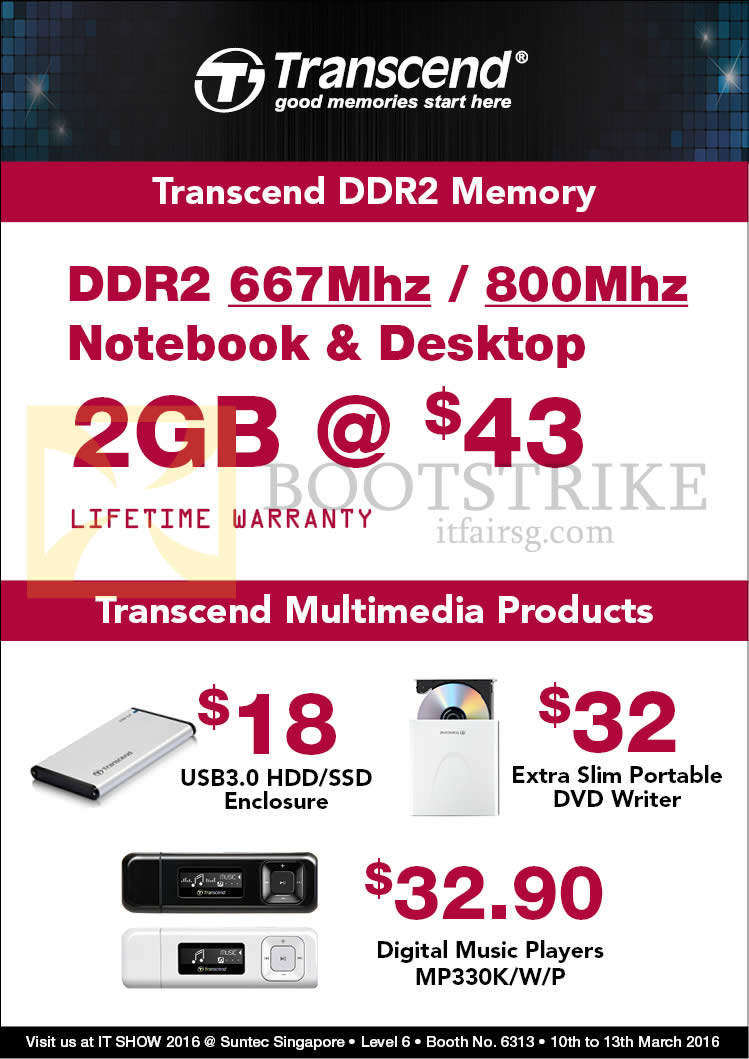 IT SHOW 2016 price list image brochure of Convergent Transcend DDR2 Notebook Desktop RAM, MultiMedia Products USB 3.0 HDD, SSD, Enclosure,, Portable DVD Writer, Digital Music Players MP330K, W, P