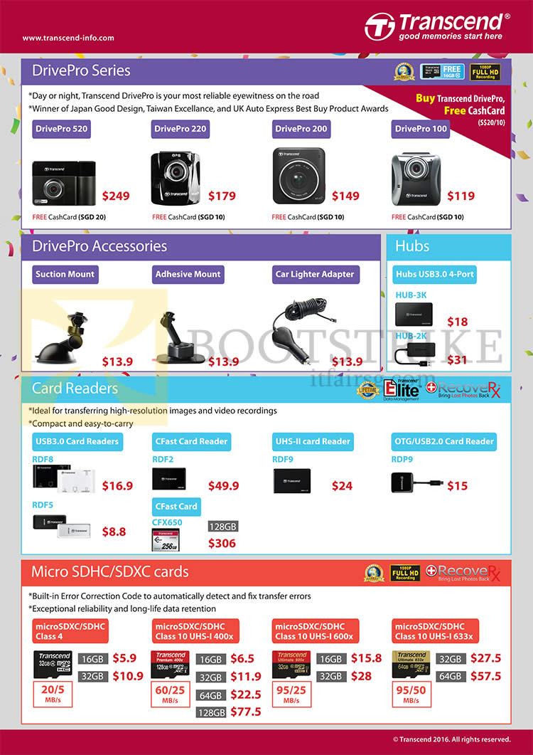 IT SHOW 2016 price list image brochure of Convergent Transcend DrivePro, Accessories, Hubs, Card Readers, Micro SDHC, SDXC, DrivePro 520, Suction, Adhesive Mount, Car Lighter Adapter, USB, Card Reader