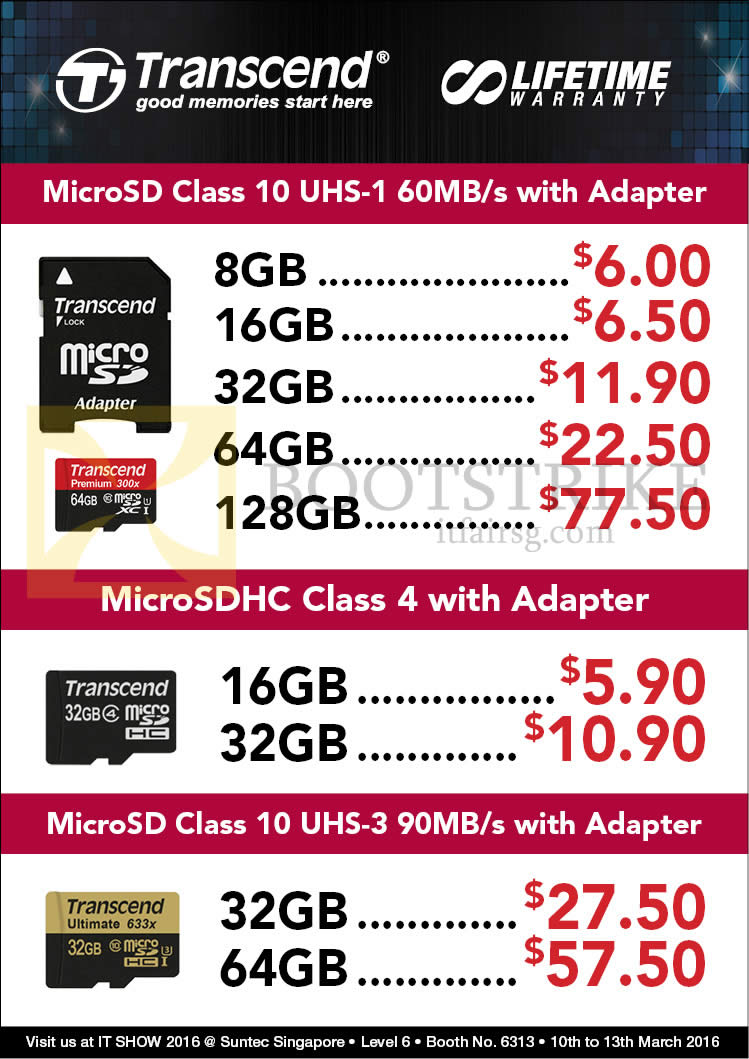 IT SHOW 2016 price list image brochure of Convergent Transcend MicroSD Class 10 UHS-1, 3, MicroSDHC Class 4, 8GB, 16GB, 32GB, 64GB, 128GB