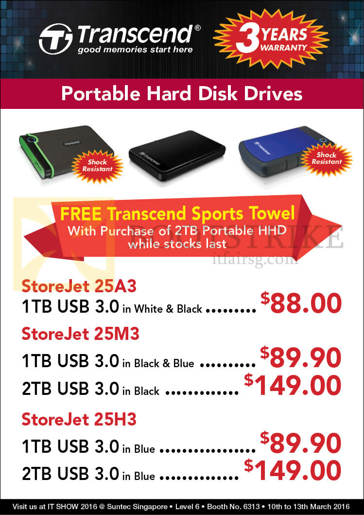 IT SHOW 2016 price list image brochure of Convergent Transcend Portable HDD StoreJet 25A3, 25M3, 25H3, 1TB, 2TB