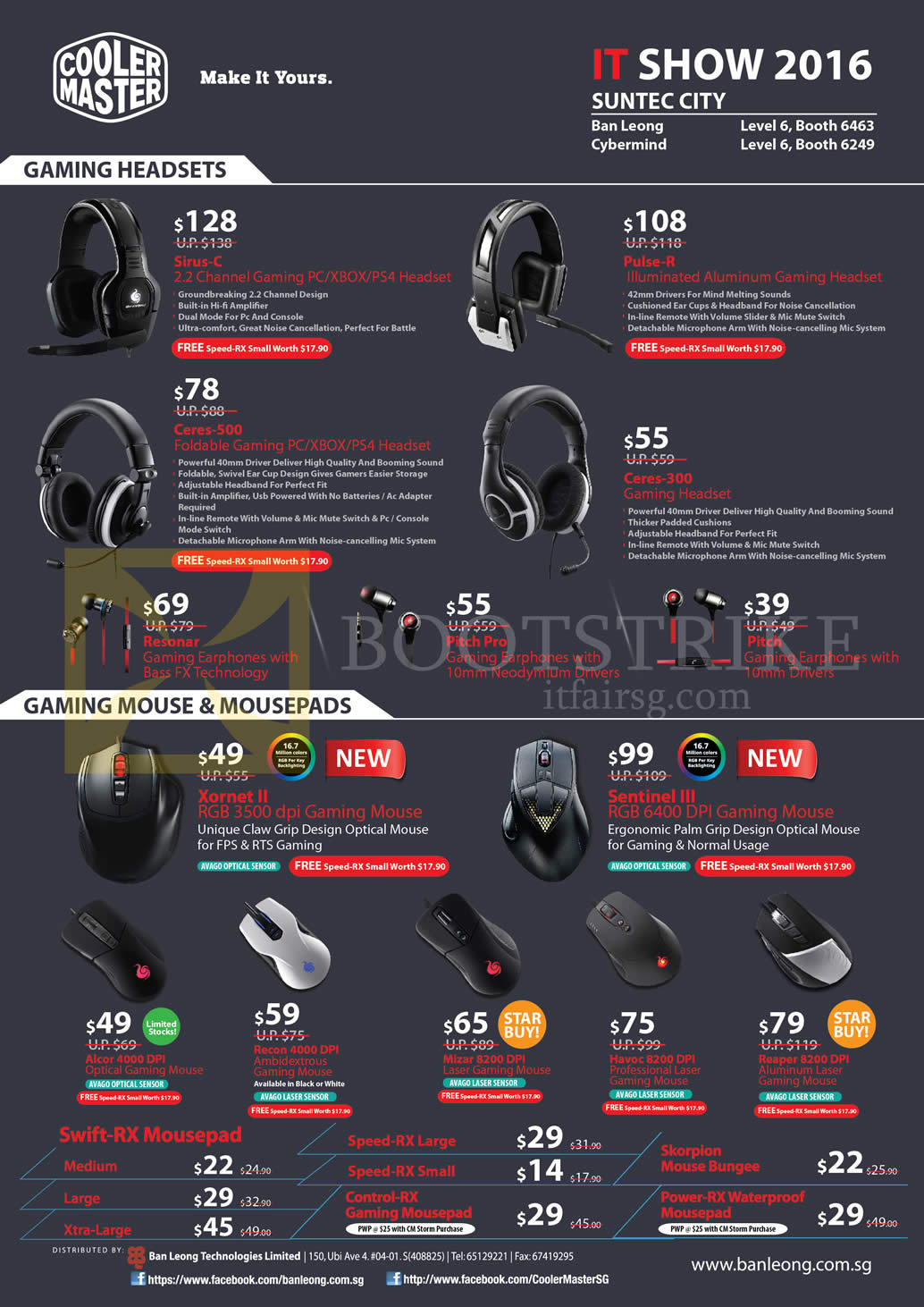 IT SHOW 2016 price list image brochure of Cooler Master Headsets Mouse, Sirus-C, Pulse-R, Ceres-500, Resonar, Pitch, Xornet, Sentinel, Alcor, Havoc, Reaper, Recon, Mizar, Swift