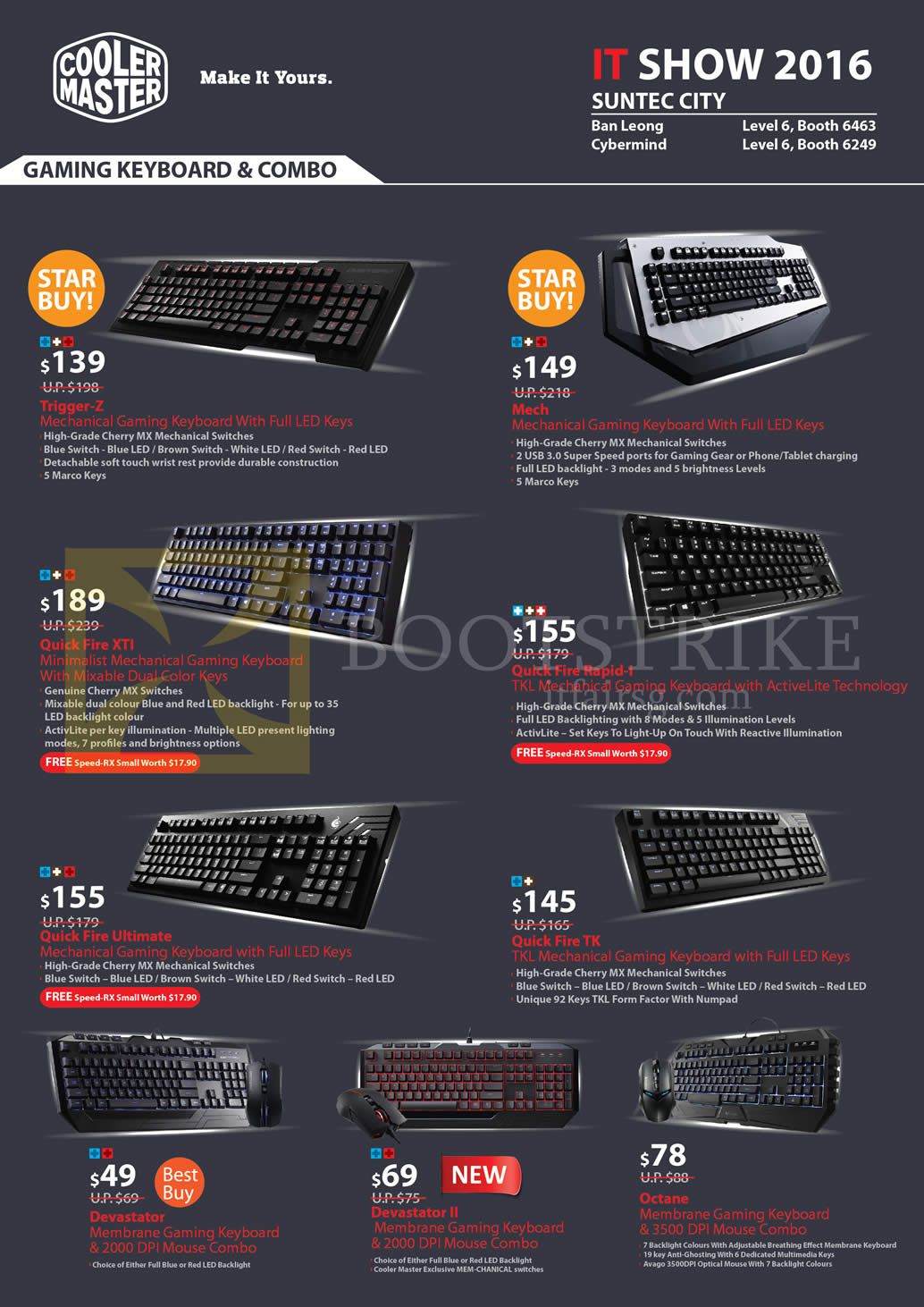 IT SHOW 2016 price list image brochure of Cooler Master Mechanical Keyboards Trigger-Z, Mech, Quick Fire XTI, Rapid-i, Ultimate, TK, Devastator, Octane