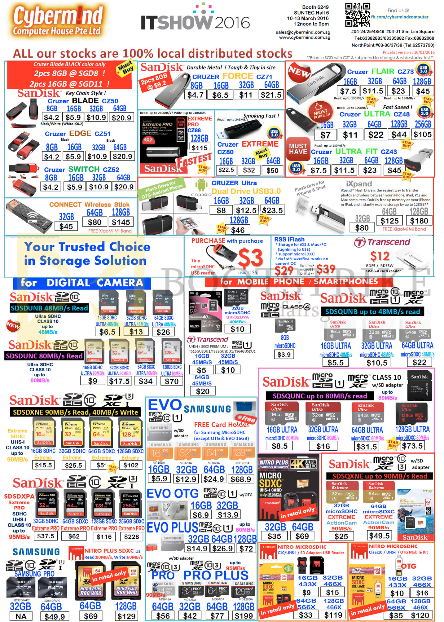 IT SHOW 2016 price list image brochure of Cybermind Flash Drives, Storage Solutions, Sandisk, Samsung, Cruzer Blade, Edge, Switch, Force, Flair, Ultra, Ultra Fit, Extreme Pro