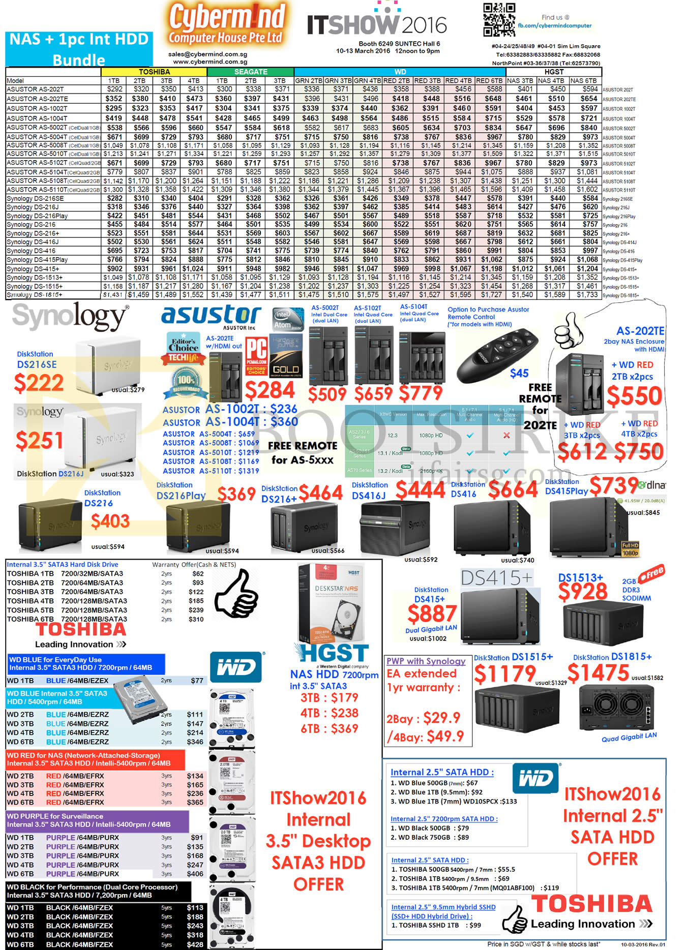 IT SHOW 2016 price list image brochure of Cybermind NAS, HDD Bundle, HDDs, Synology, Asustor, Toshiba, Western Digital, HGST