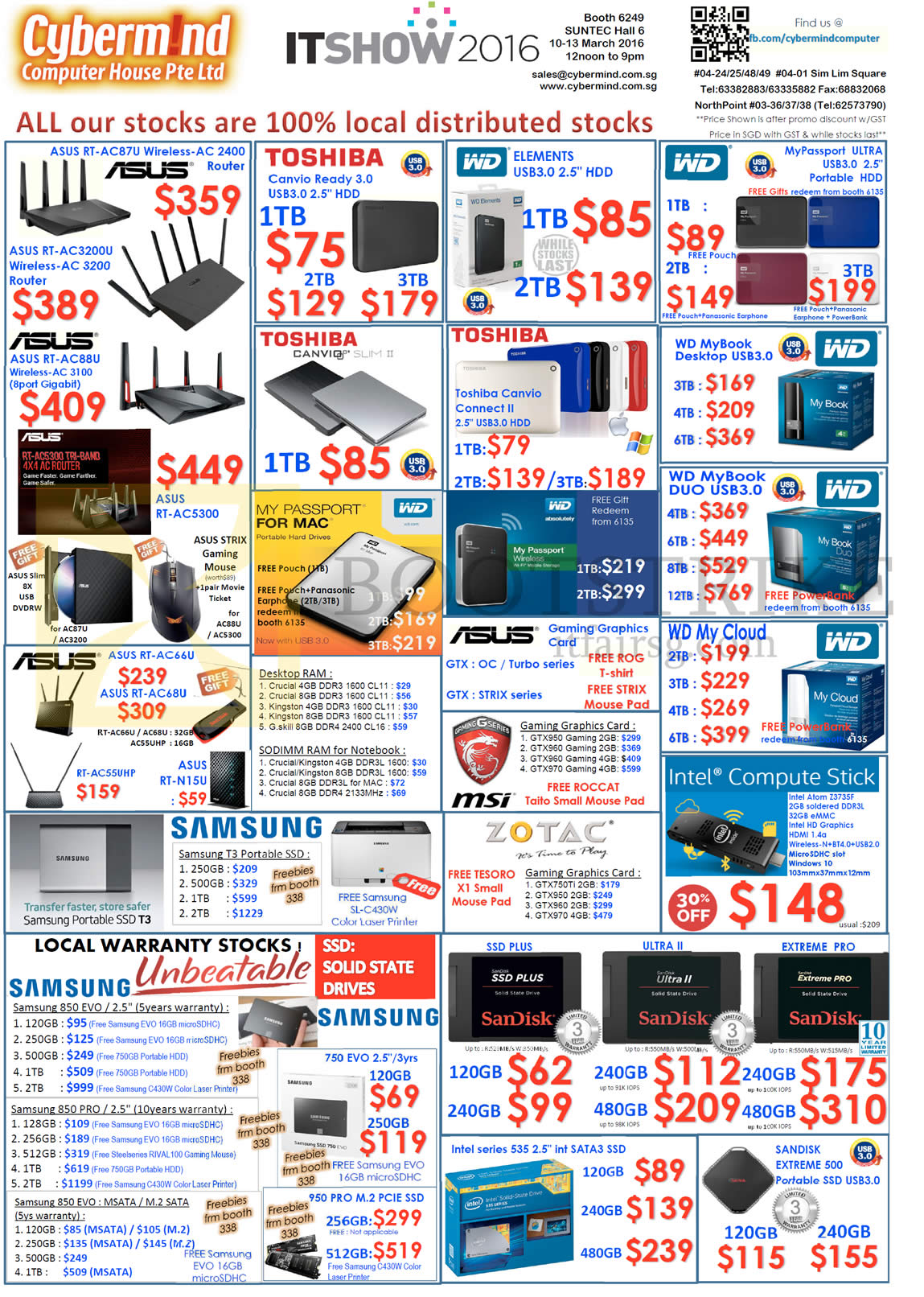 IT SHOW 2016 price list image brochure of Cybermind Routers, External Storage, Hard Disk Drives, SSDs, Asus, Toshiba, Western Digital, MSI, Zotac