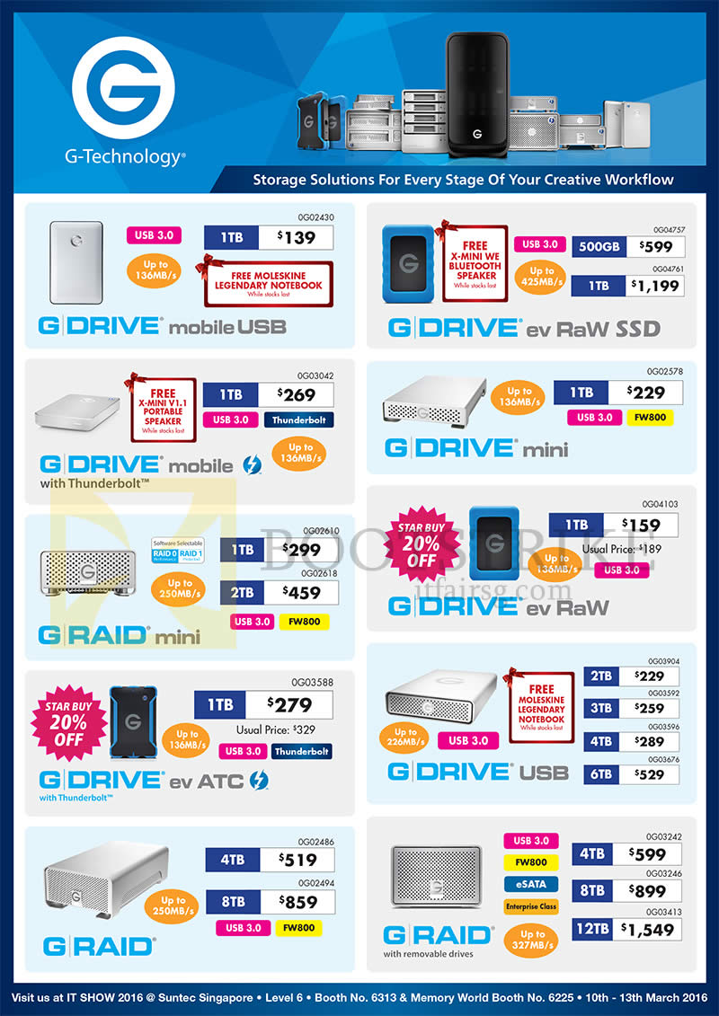 IT SHOW 2016 price list image brochure of G-Technology External Storage GDrive Mobile, USB, Ev Raw, SSD, Mini, GRaid Mimi, Ev ATC, 500GB, 1TB, 2TB, 3TB, 4TB, 6TB, 8TB, 12TB