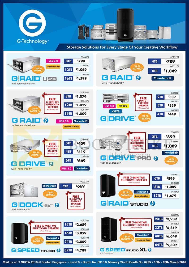 IT SHOW 2016 price list image brochure of G-Technology External Storage GRaid USB, With Thunderbolt, Studio, GDrive Pro, With Thunderbolt, GDock, Ev, GSpeed Studio, XL