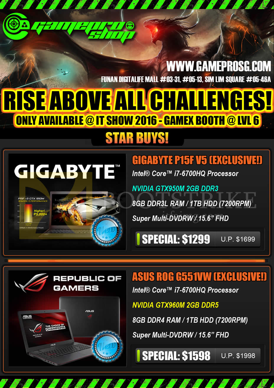 IT SHOW 2016 price list image brochure of Gamepro Gamex Notebooks Gigabyte P15F V5, ASUS ROG G551VW