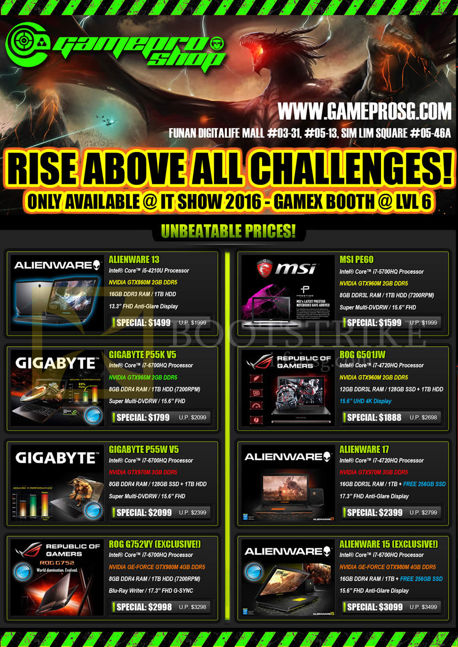 IT SHOW 2016 price list image brochure of Gamepro Gamex Notebooks Gigabyte, MSI PE60, Dell Alienware 13 15 17, ASUS ROG G501JW G752VY