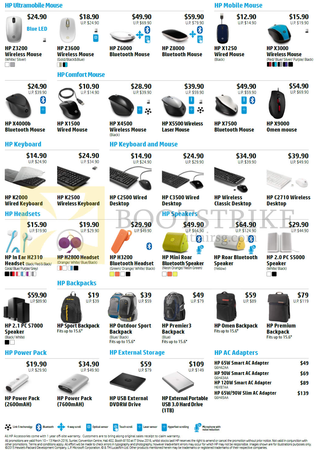 IT SHOW 2016 price list image brochure of HP Accessories Mouse, Keyboards, Backpacks, Headset, Blueeoth Speaker, Wireless, Classic, Wired, Omen, AC Adapters, Power Pack