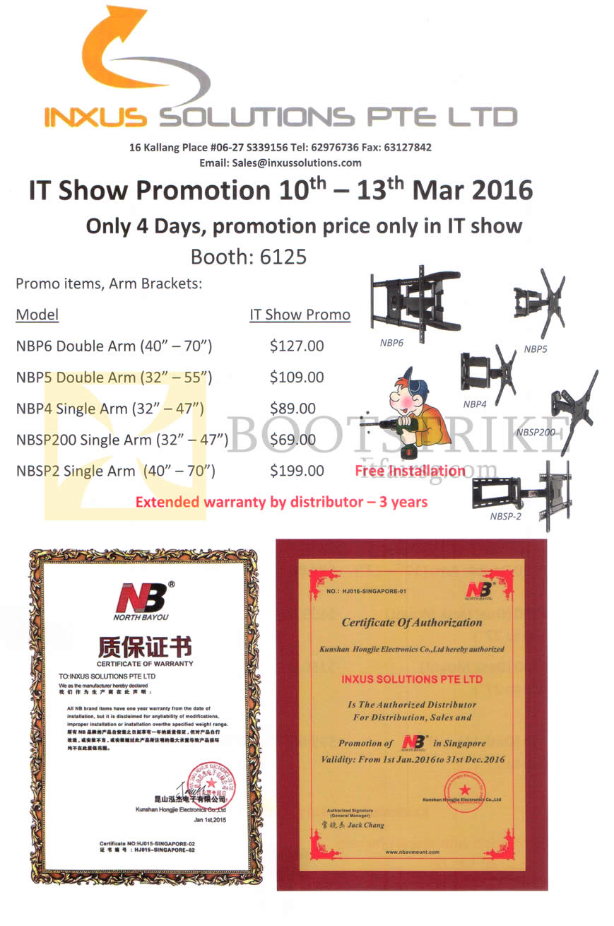 IT SHOW 2016 price list image brochure of Inxus Solutions North Bayou Mounting Mechanisms NBP6 Double Arm, NBP4 Single Arm, NBSP2 Single Arm
