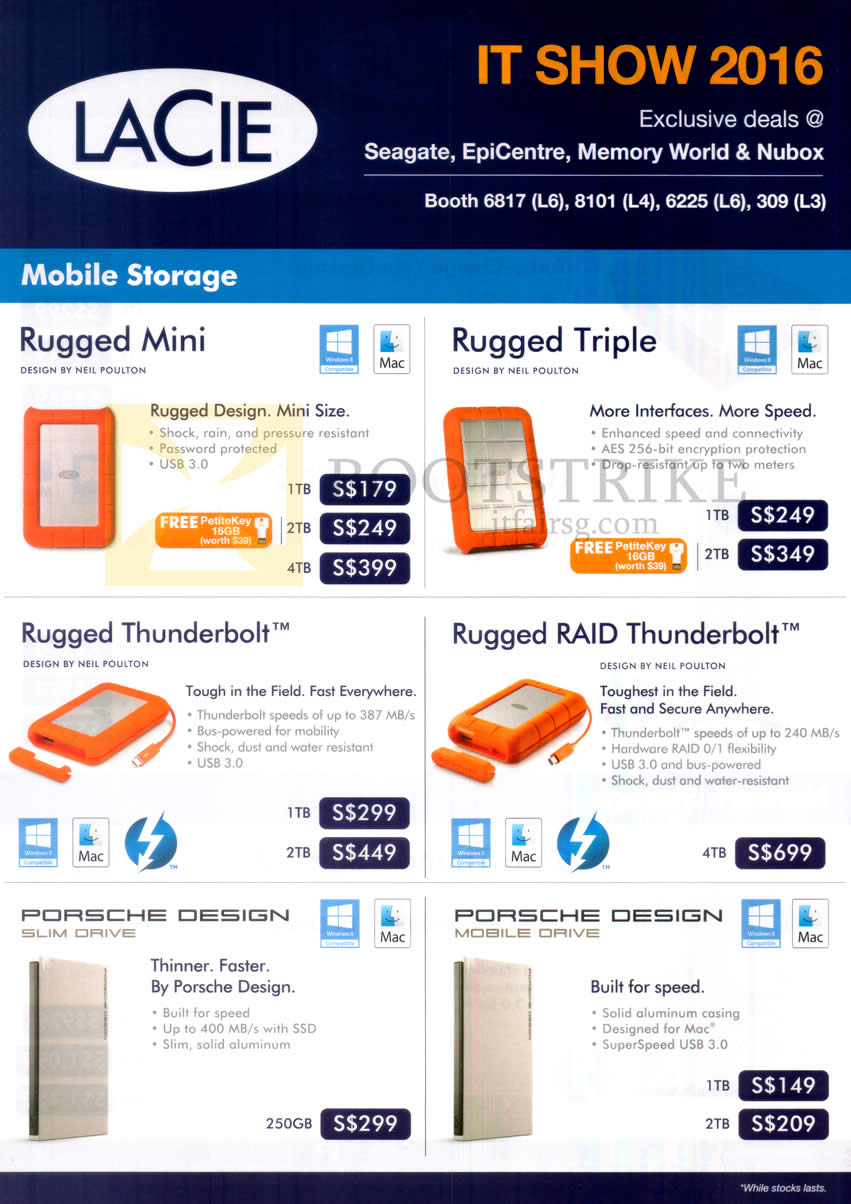 IT SHOW 2016 price list image brochure of Lacie Mobile Storage Rugged Mini, Triple, Thunderbolt, Raid Thunderbolt, Porsche Design Slim Drive, Mobile Drive