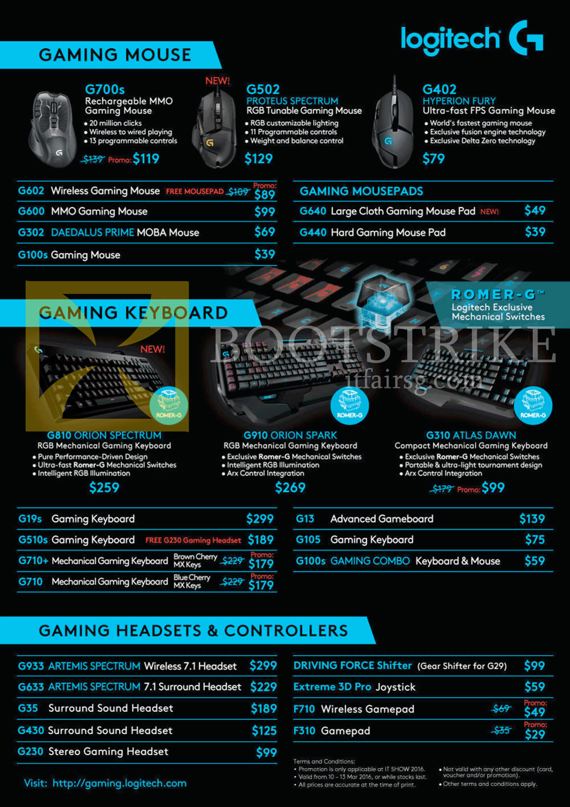 IT SHOW 2016 price list image brochure of Logitech Gaming Mouse, Keyboards, Headset, Controllers, Orion, Proteus, Daedalus, Romer-G, Artemis