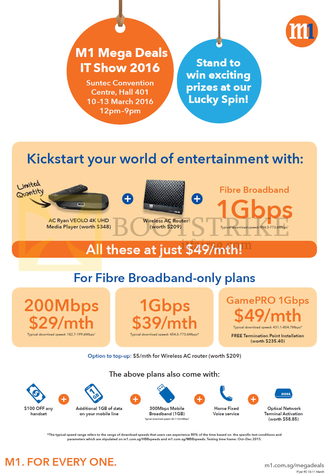 IT SHOW 2016 price list image brochure of M1 Fibre Broadband 39.00 1Gbps, 29.00 200Mbps, 49.00 GamePRO 1Gbps