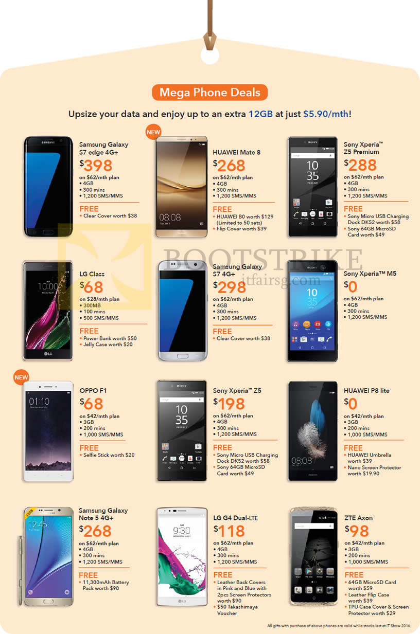 IT SHOW 2016 price list image brochure of M1 Mobile Phones Huawei Mate 8, P8 Lite, Samsung Galaxy Note 5, A7, S6 Edge Plus, Sony Xperia Z5 Premium, C5 Ultra, Z5, LG V10, G4 Dual, Oppo F1, ZTE Axon