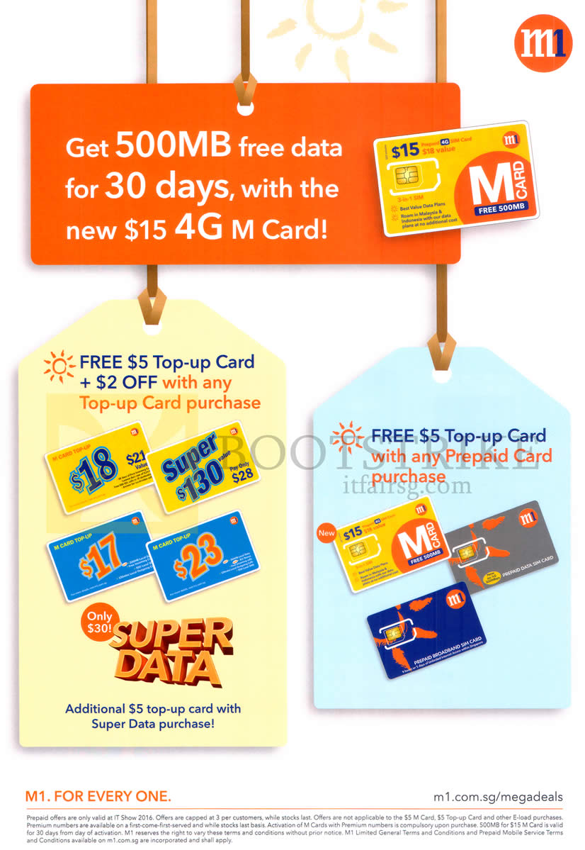 IT SHOW 2016 price list image brochure of M1 Prepaid 15.00 4G M Card Free 500MB Data, Free Topup Cards