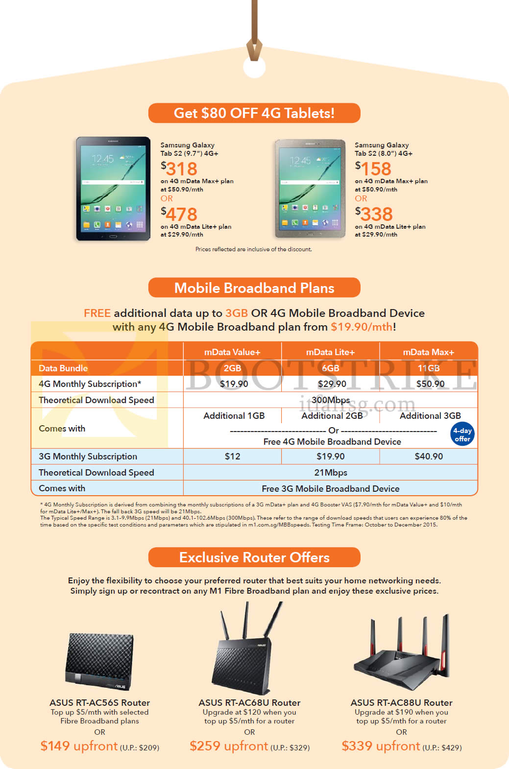 IT SHOW 2016 price list image brochure of M1 Tablets, Mobile Broadband Plans, Router Offers, Samsung Galaxy Tab S2 9.7, 8.0, MData Value Plus, Lite Plus, Max Plus, Asus RT-AC56S, RT-AC68U, RT-88U