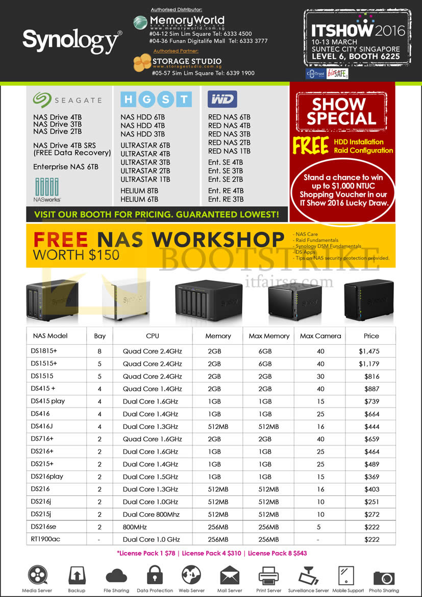 IT SHOW 2016 price list image brochure of Memory World Synology NAS Diskstation 1815, 1515, 415, 416, 716, 216, 216play, RT1900ac