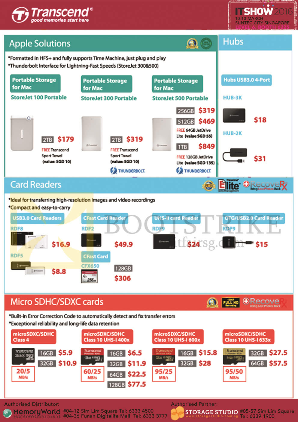 IT SHOW 2016 price list image brochure of Memory World Transcend Apple Solutions, Hubs, Card Readers, Micro SDHC, SDXC Cards