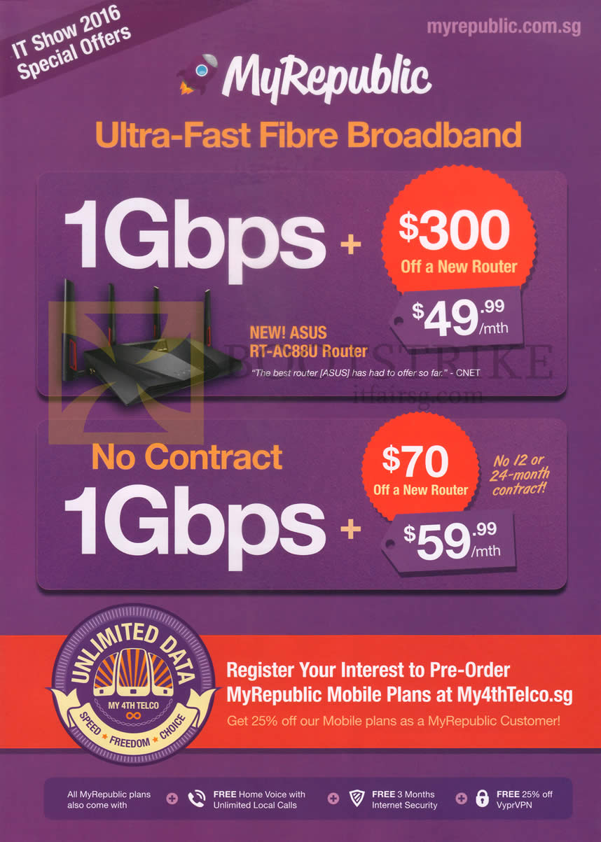 IT SHOW 2016 price list image brochure of MyRepublic Fibre Broadband 49.99 1Gbps, 59.99 1Gbps, Asus RT-AC88U Router