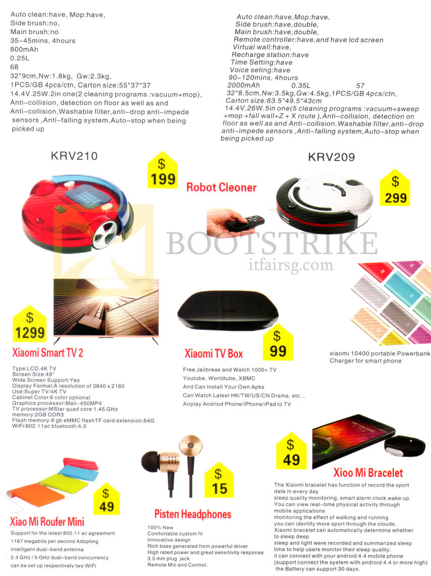IT SHOW 2016 price list image brochure of NewStar Robot Cleaners, Xiaomi Smart TV2, TV Box, Router Mini, Pisten Headphones, Xioo Mi Bracelet