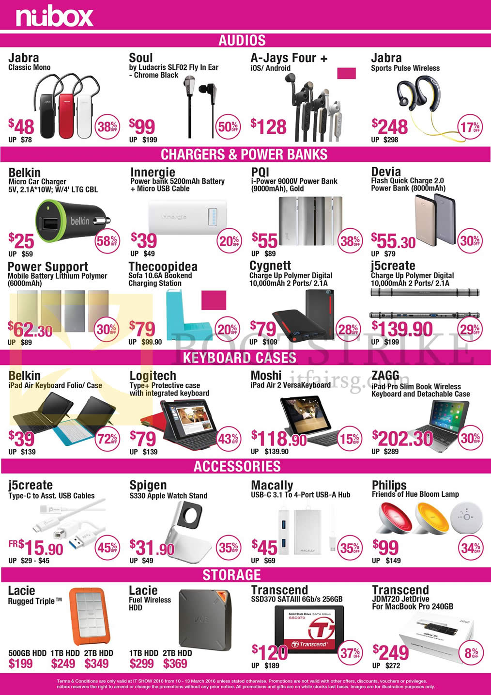 IT SHOW 2016 price list image brochure of Nubox Audios, Chargers, Power Banks, Keyboard Cases, Storage, Jabra, Soul, Logitech, Moshi, Philips, Lacie, Transcend, J5create, Innergie