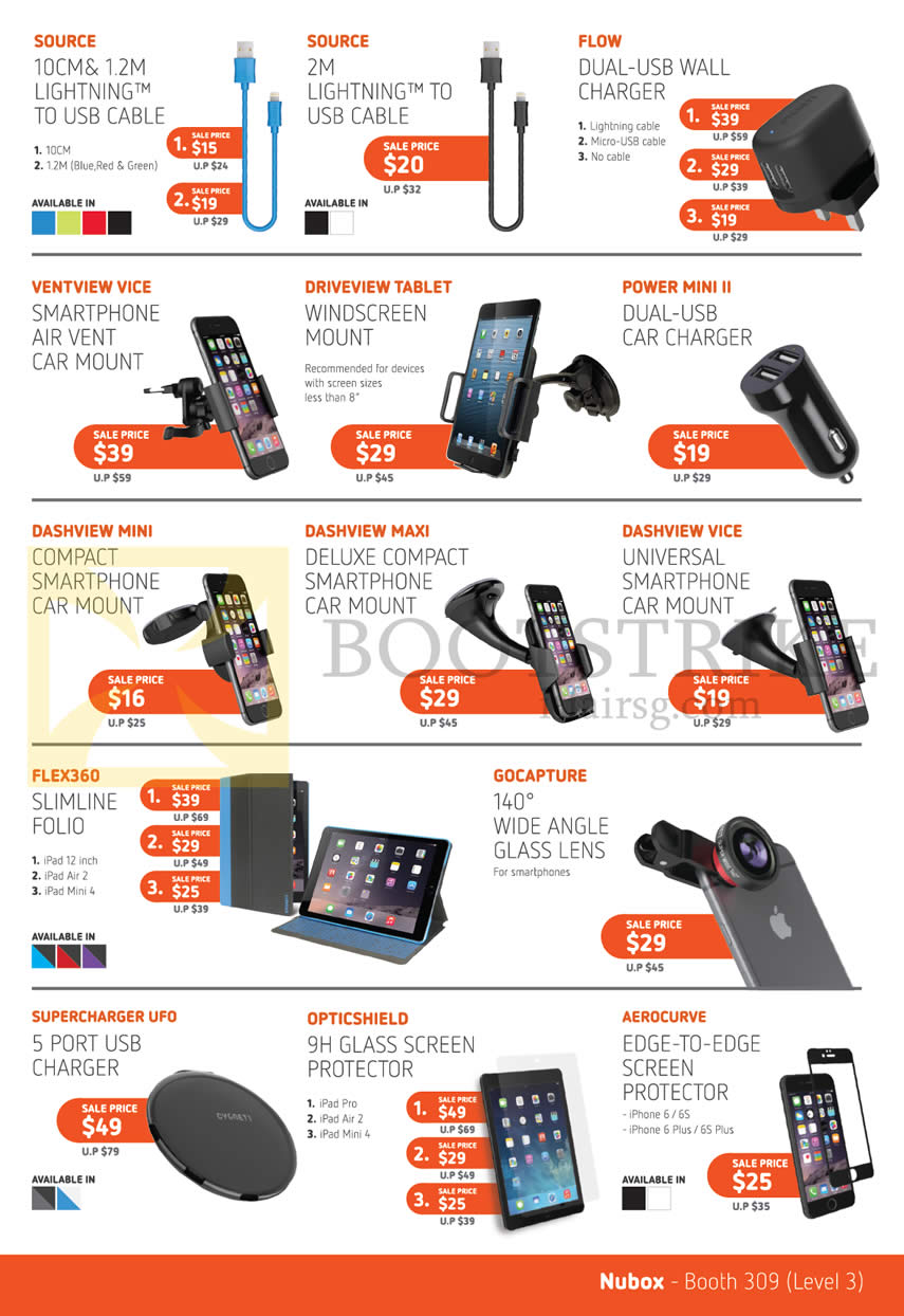 IT SHOW 2016 price list image brochure of Nubox Cygnett Source Lightning To USB Cable, Flow Wall Charger, Ventview Vice Car Mount, Driveview Tablet, Power Mini Ii Car Charger, Dashview Mini Maxi Vice, Gocapture