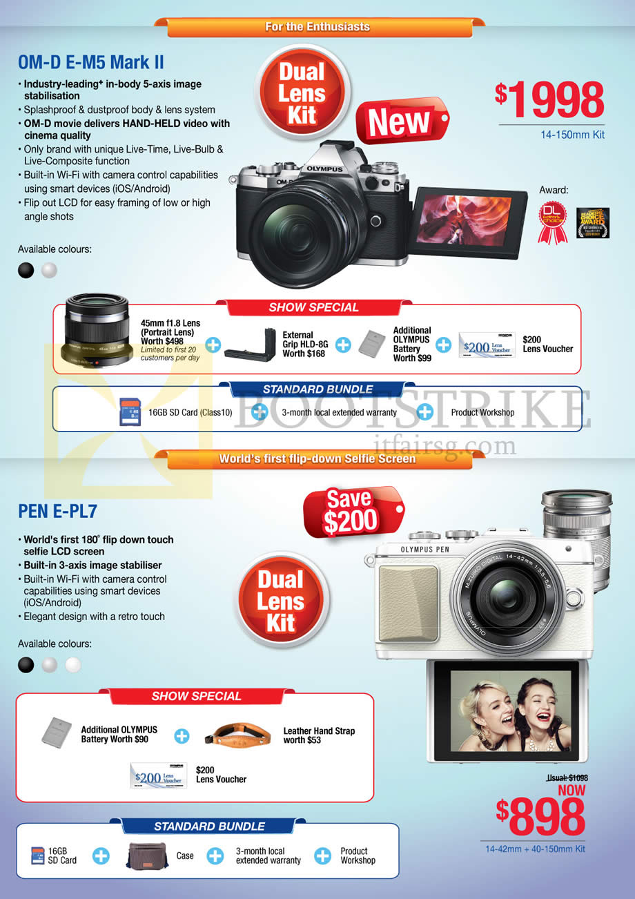 IT SHOW 2016 price list image brochure of Olympus Digital Cameras OM-D E-M5 Mark II, Pen E-PL7