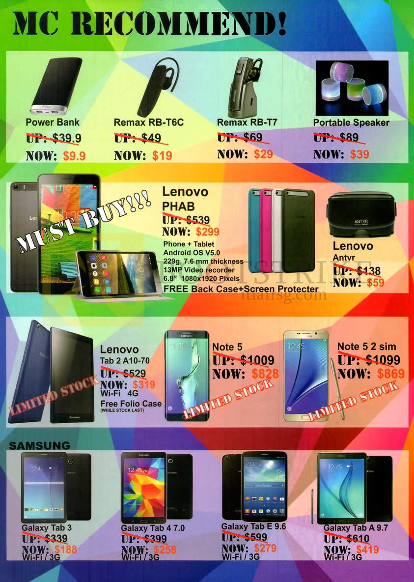 IT SHOW 2016 price list image brochure of Overwatch Systems Tablets, Bluetooth Headset, Portable Speakers, Power Bank, Remax RB-T6C, TB-T7, Lenovo Phab, Antvr, Tab 2 A10-70, Note 5, 2 Sim, Galaxy Tab 3