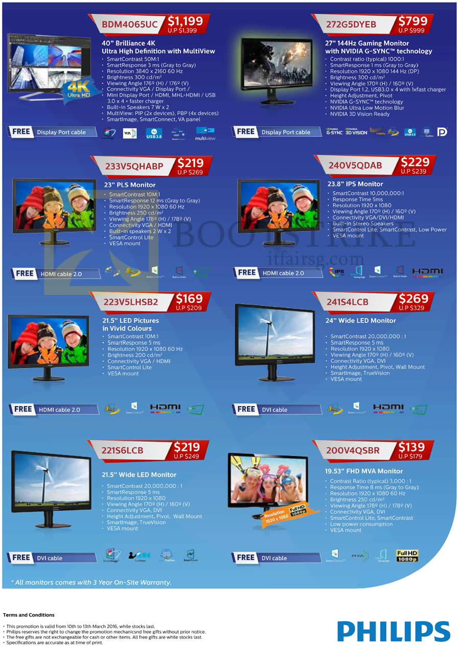 IT SHOW 2016 price list image brochure of Philips Monitors LED 4K PLS BDM4065UC, 272G5DYEB, 233V5QHABP, 240V5QDAB, 223V5LHSB2, 241S4LCB, 221S6LCB, 200V4QSBR