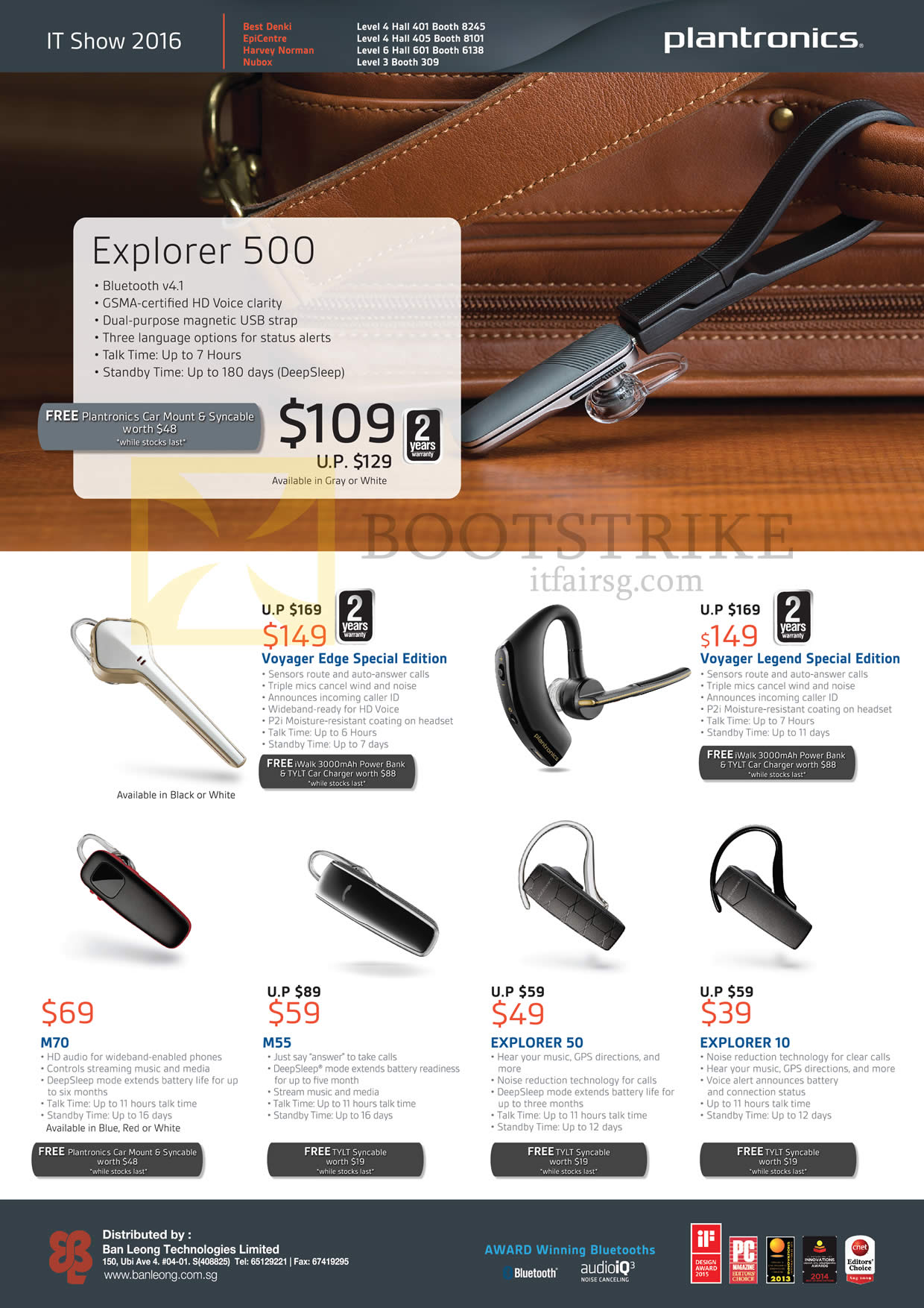 IT SHOW 2016 price list image brochure of Plantronics Bluetooth Headsets Explorer 500, Voyager Edge, Legend, M70, M55, 50, 10