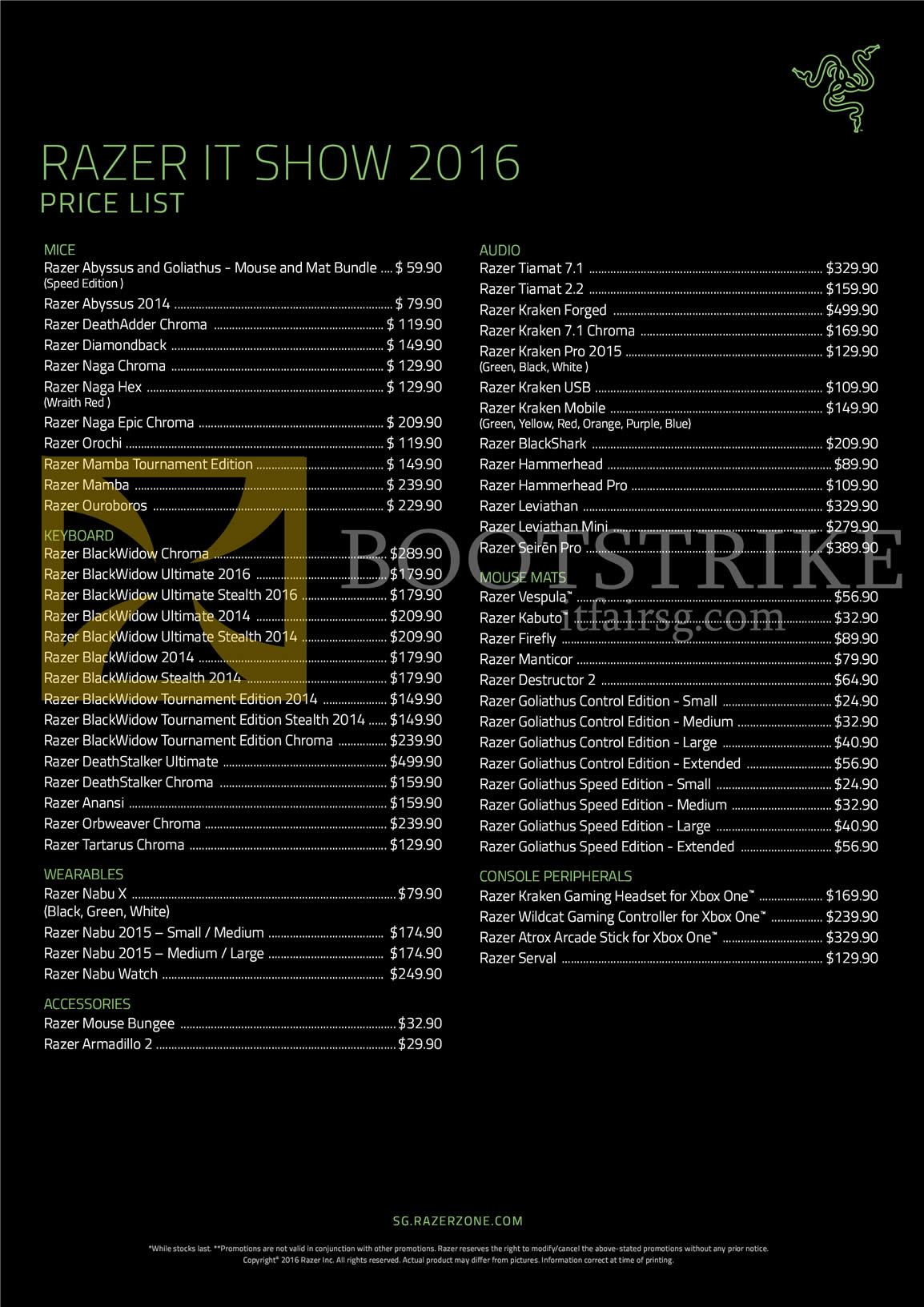 IT SHOW 2016 price list image brochure of Razer Razerzone Full Price List, Mouse, Audio, Mouse Mats, Console Peripherals, Wearables, BlackWidow, Nabu, Goliathus, Mamba