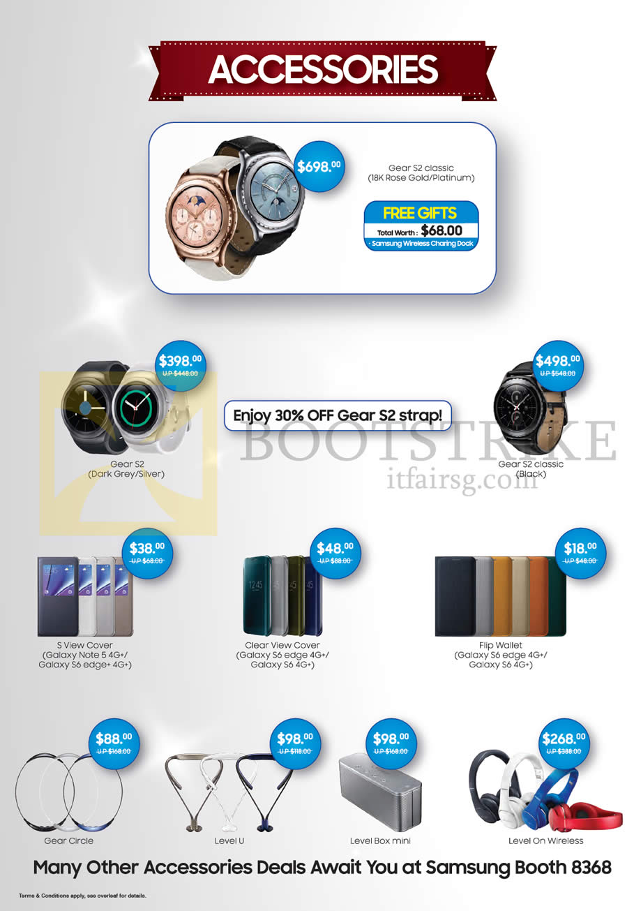 IT SHOW 2016 price list image brochure of Samsung Accessories Gear S2 Classic, S View Cover, Clear View, Flip Wallet, Circle, Level U, Level Box Mini, Wireless Headphones