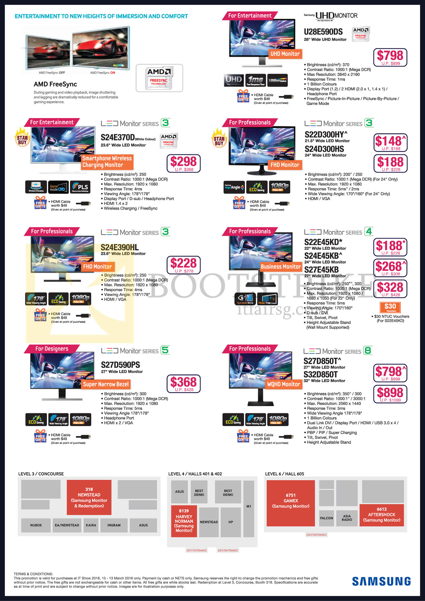 IT SHOW 2016 price list image brochure of Samsung Monitors LED U28E590DS, S22D300HY, S24D300HS, S24E370D, S24E390HL, S22E45KD, S24E45KB, S27E45KB, S27D850T, S32D850T, S27D590PS