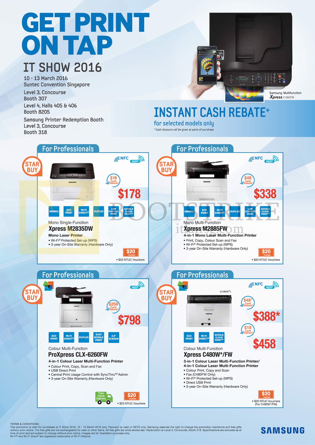 IT SHOW 2016 price list image brochure of Samsung Printers Xpress M2835DW, M2885FW, C480W, FW, ProXpress CLX-6260FW