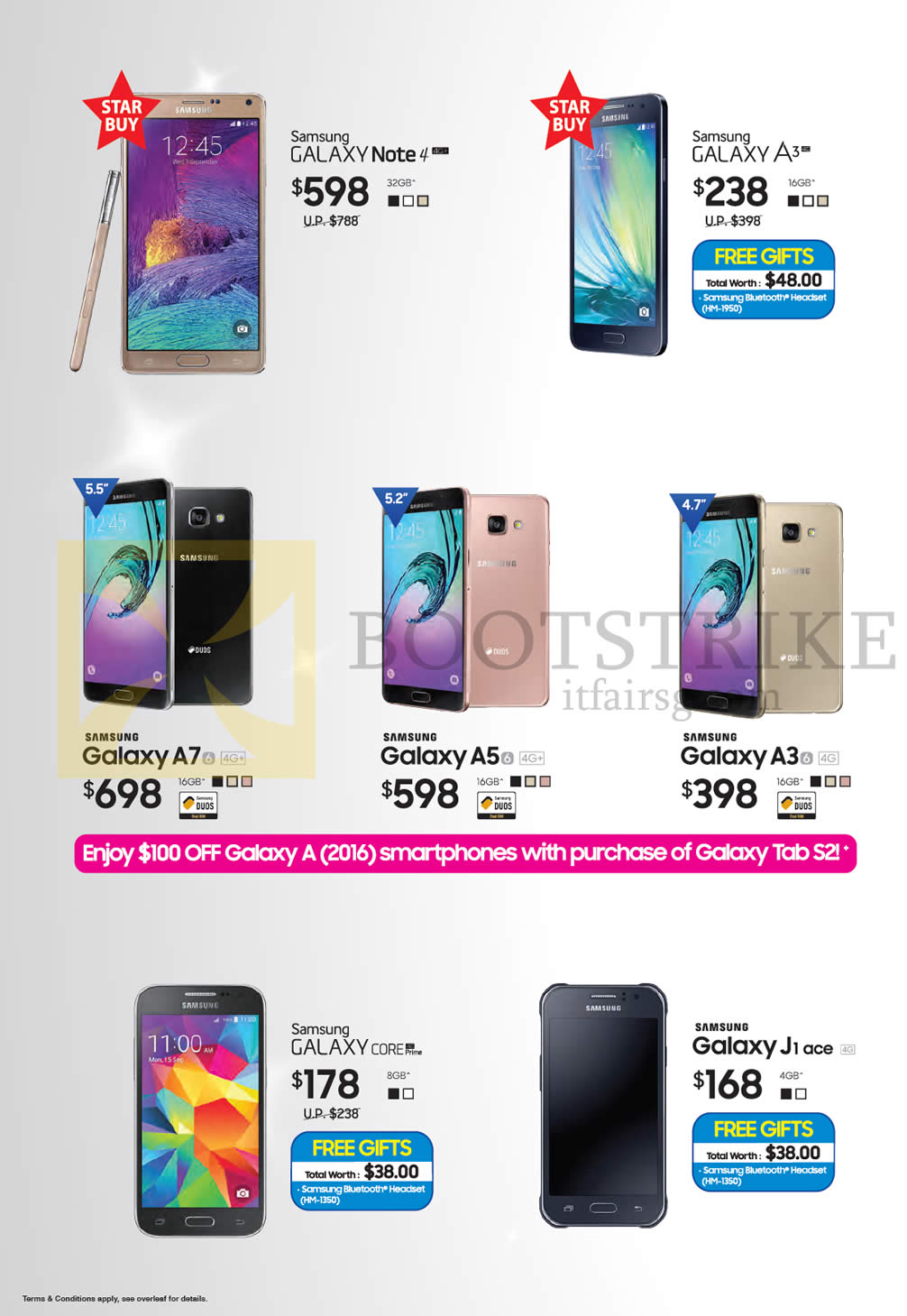 IT SHOW 2016 price list image brochure of Samsung Smartphones Note 4, A3, A7, A5, A3, Core Prime, J1 Ace 4G