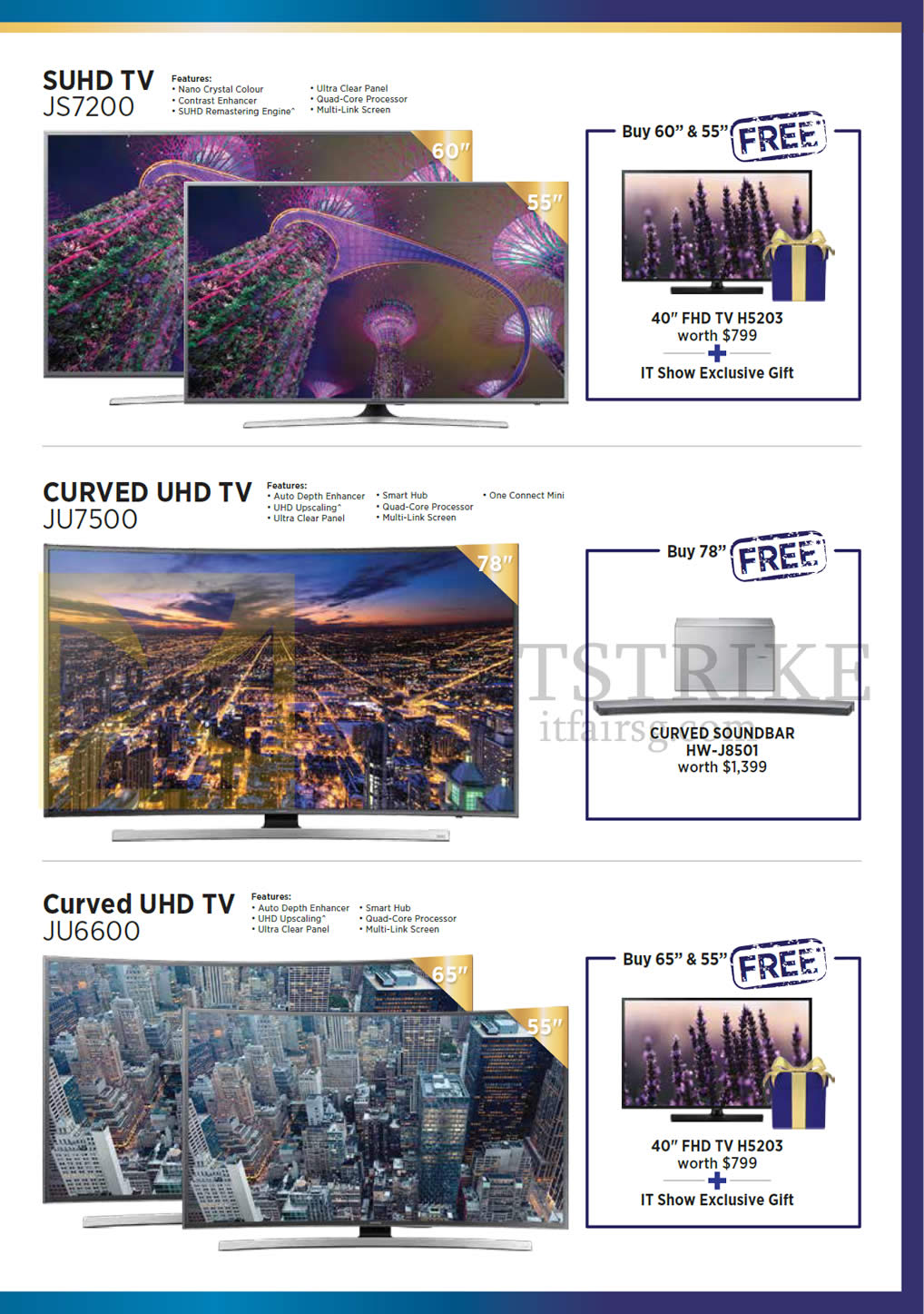 IT SHOW 2016 price list image brochure of Samsung TVs (No Prices) Curved UHD JS7200, JU7500, JU6600