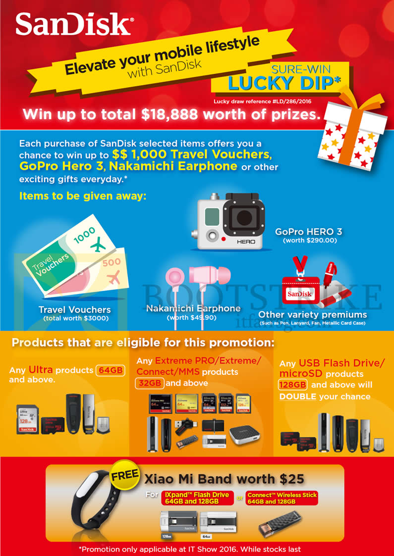 IT SHOW 2016 price list image brochure of Sandisk Sure Win Lucky Dip, Free Xiao Mi Band