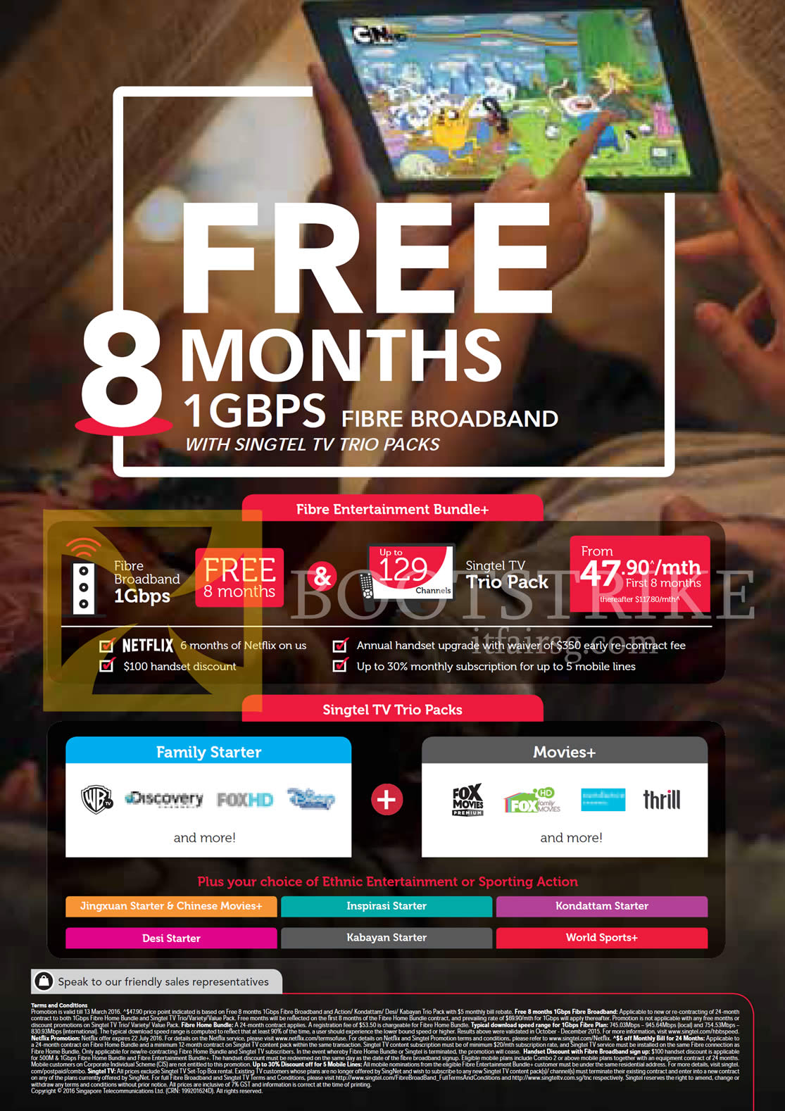 IT SHOW 2016 price list image brochure of Singtel 1Gbps Fibre Broadband Free 8mths, Trio TV Packs Family Starter, Movies Plus