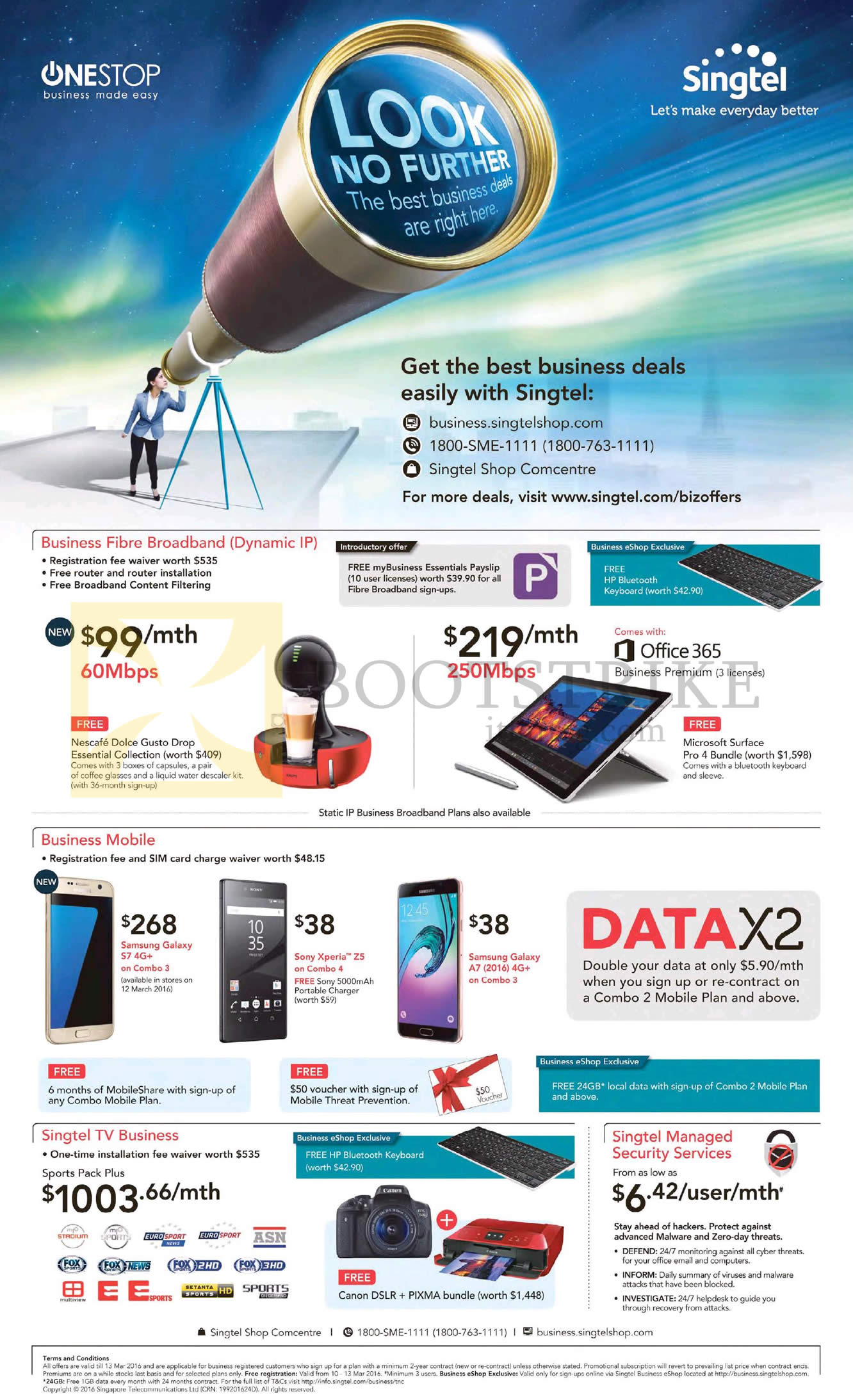 IT SHOW 2016 price list image brochure of Singtel Business Fibre Broadband, Mobile, TV 99.00 60Mbps, 219.00 250Mbps, Samsung Galaxy S7, A7, Sony Xperia Z5, 1003.66 Sports Pack Plus