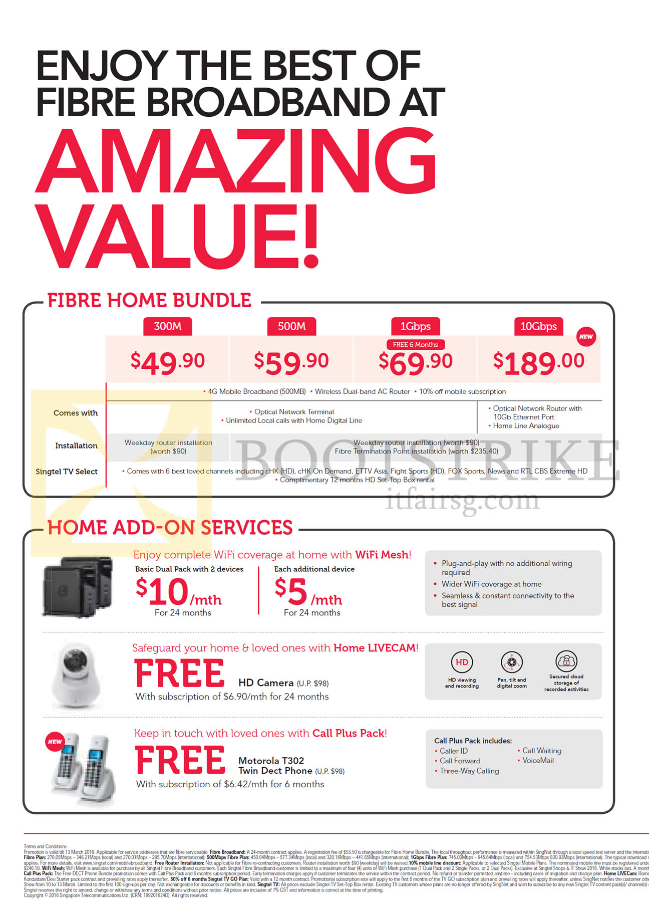 IT SHOW 2016 price list image brochure of Singtel Fibre Home Bundles, Home Add-On Services 49.90 300M, 59.90 500M, 69.90 1Gbps, 189.00 10Gbps, WiFi Mesh, Livecam, Call Plus Pack