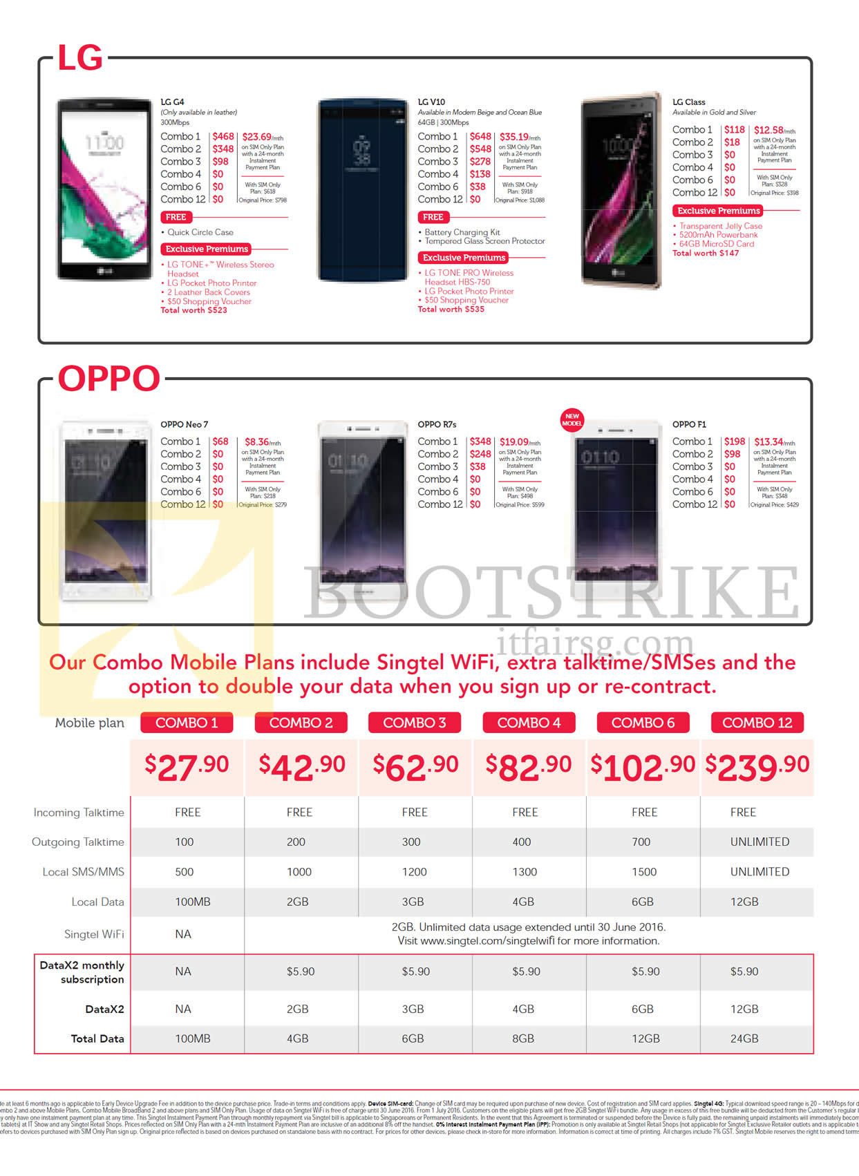 IT SHOW 2016 price list image brochure of Singtel Mobile Phones, Combo Plans LG, Oppo, G4, V10, Class, Neo7, R7s, F1, Combo 1, 2, 3, 4, 6, 12