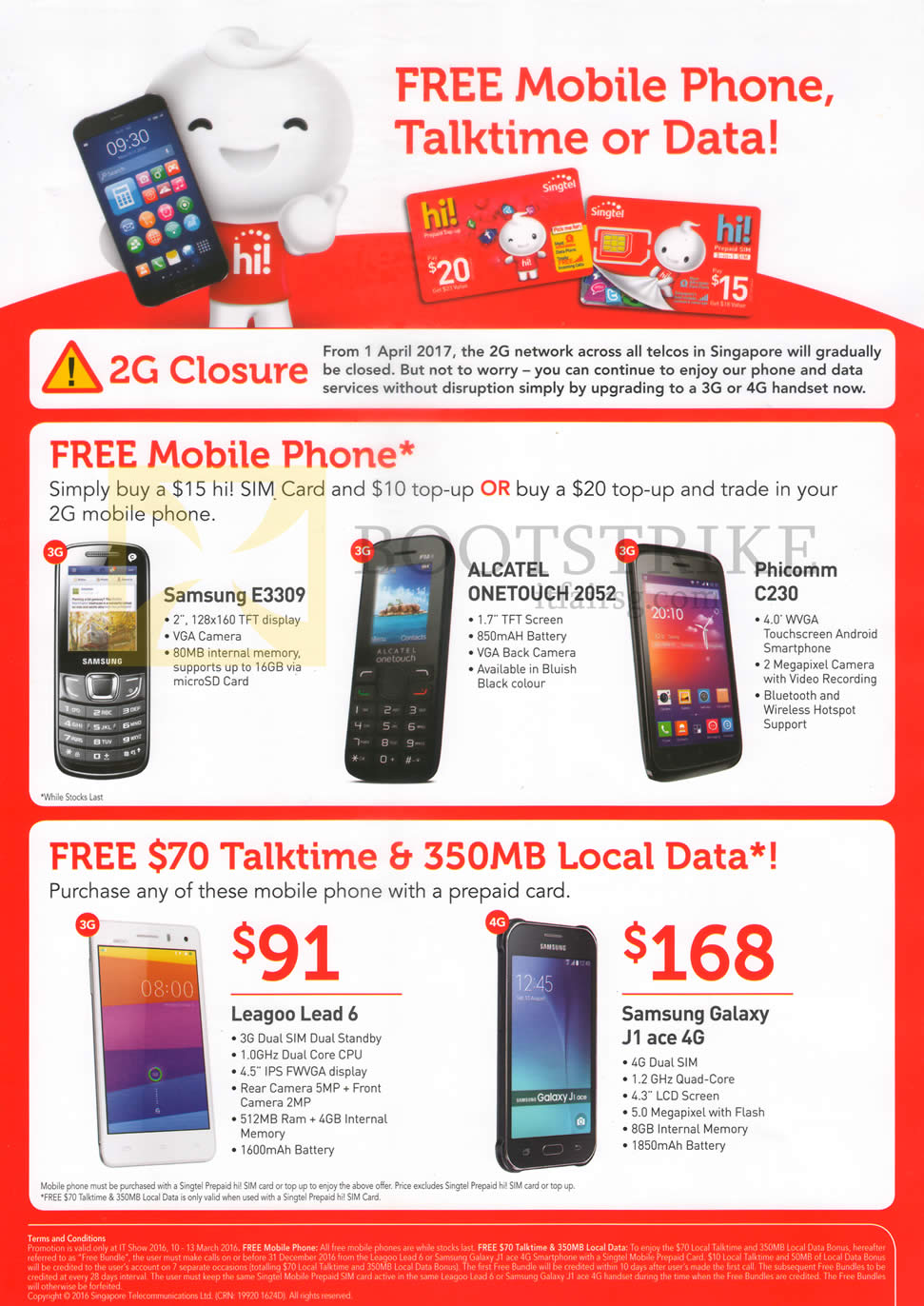 IT SHOW 2016 price list image brochure of Singtel Prepaid Mobile Phones Samsung E3309, J1 Ace, Alcatel Onetouch 2052, Phicomm C230, Leagoo Lead 6